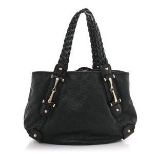 Y2K GUCCI Guccissima Pelham Shoulder Bag Black braided leather tote horsebit
